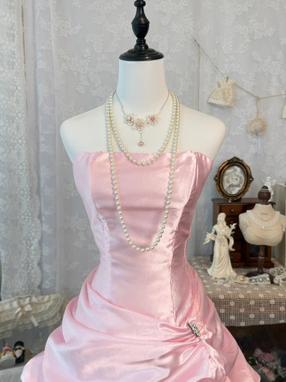Strapless A Line Pink Satin Homecoming Dress Short Birthday Dress  J10327