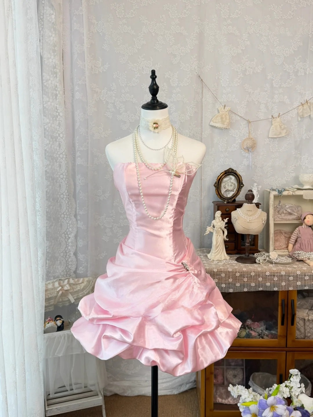 Strapless A Line Pink Satin Homecoming Dress Short Birthday Dress  J10327