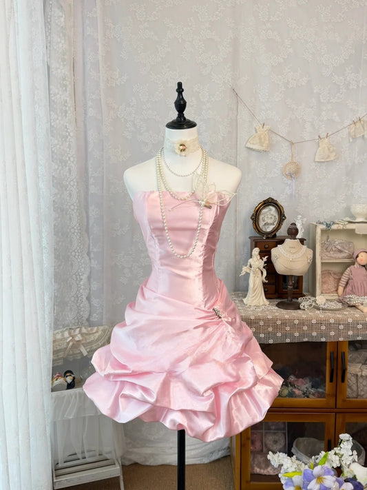 Strapless A Line Pink Satin Homecoming Dress Short Birthday Dress  J10327