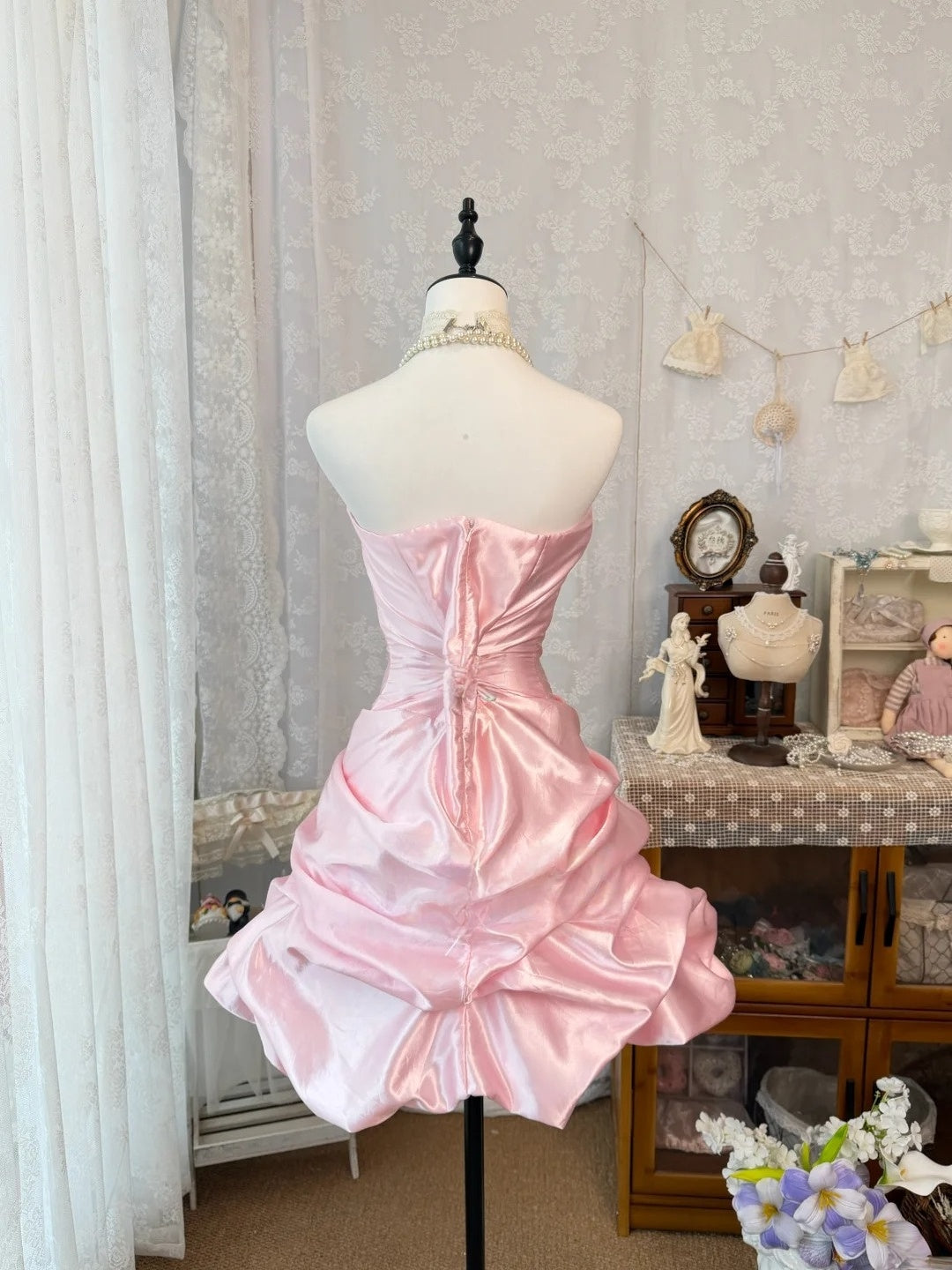 Strapless A Line Pink Satin Homecoming Dress Short Birthday Dress  J10327