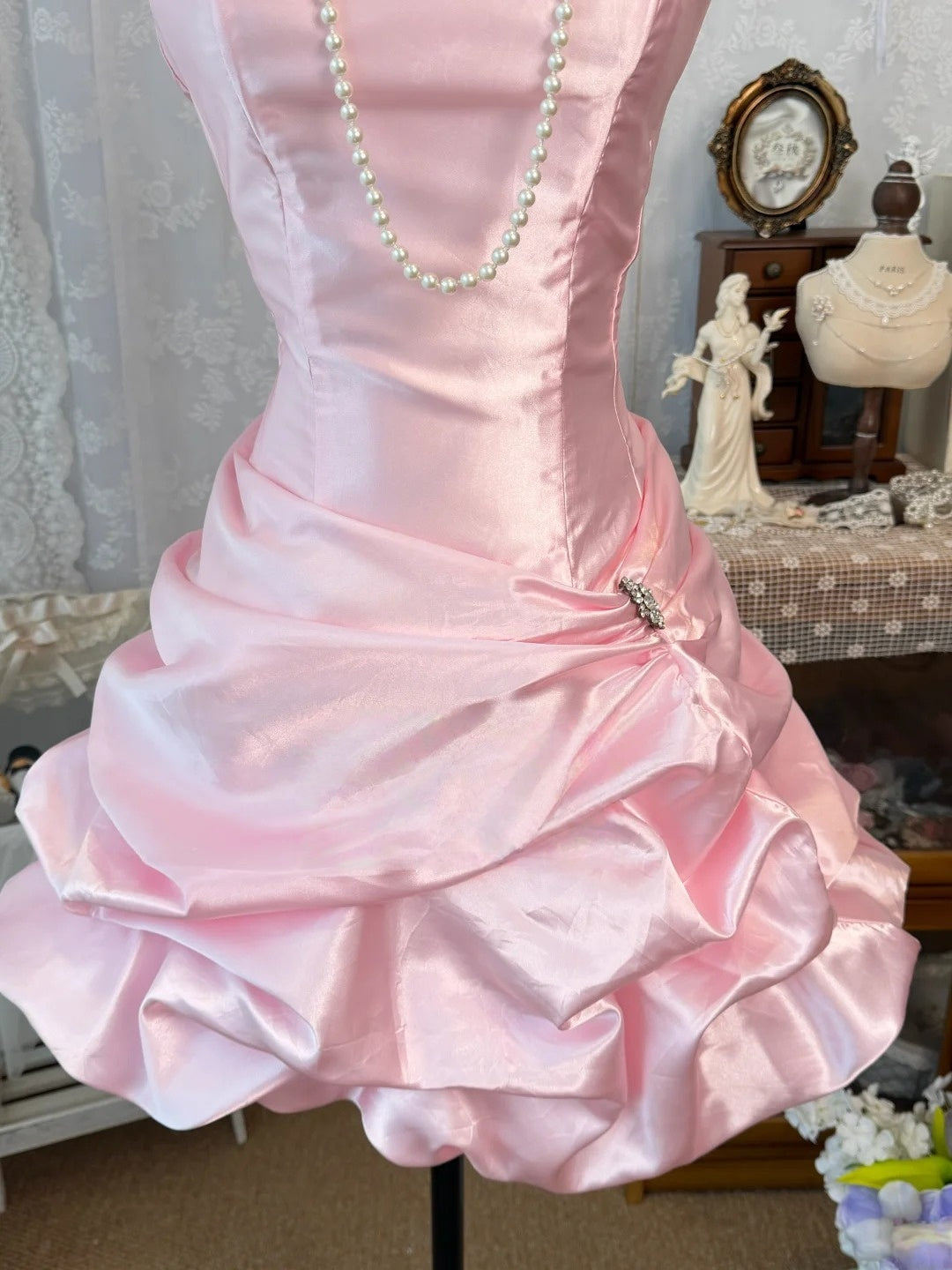 Strapless A Line Pink Satin Homecoming Dress Short Birthday Dress  J10327