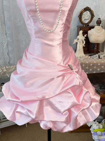 Strapless A Line Pink Satin Homecoming Dress Short Birthday Dress  J10327