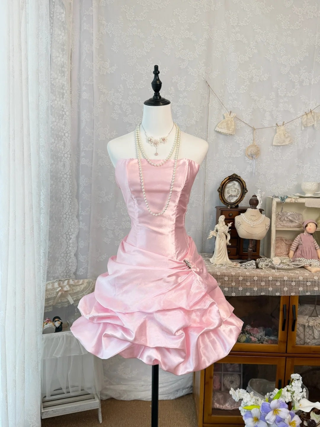 Strapless A Line Pink Satin Homecoming Dress Short Birthday Dress  J10327