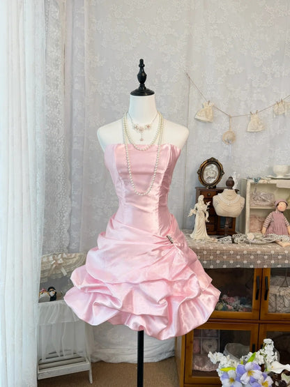 Strapless A Line Pink Satin Homecoming Dress Short Birthday Dress  J10327
