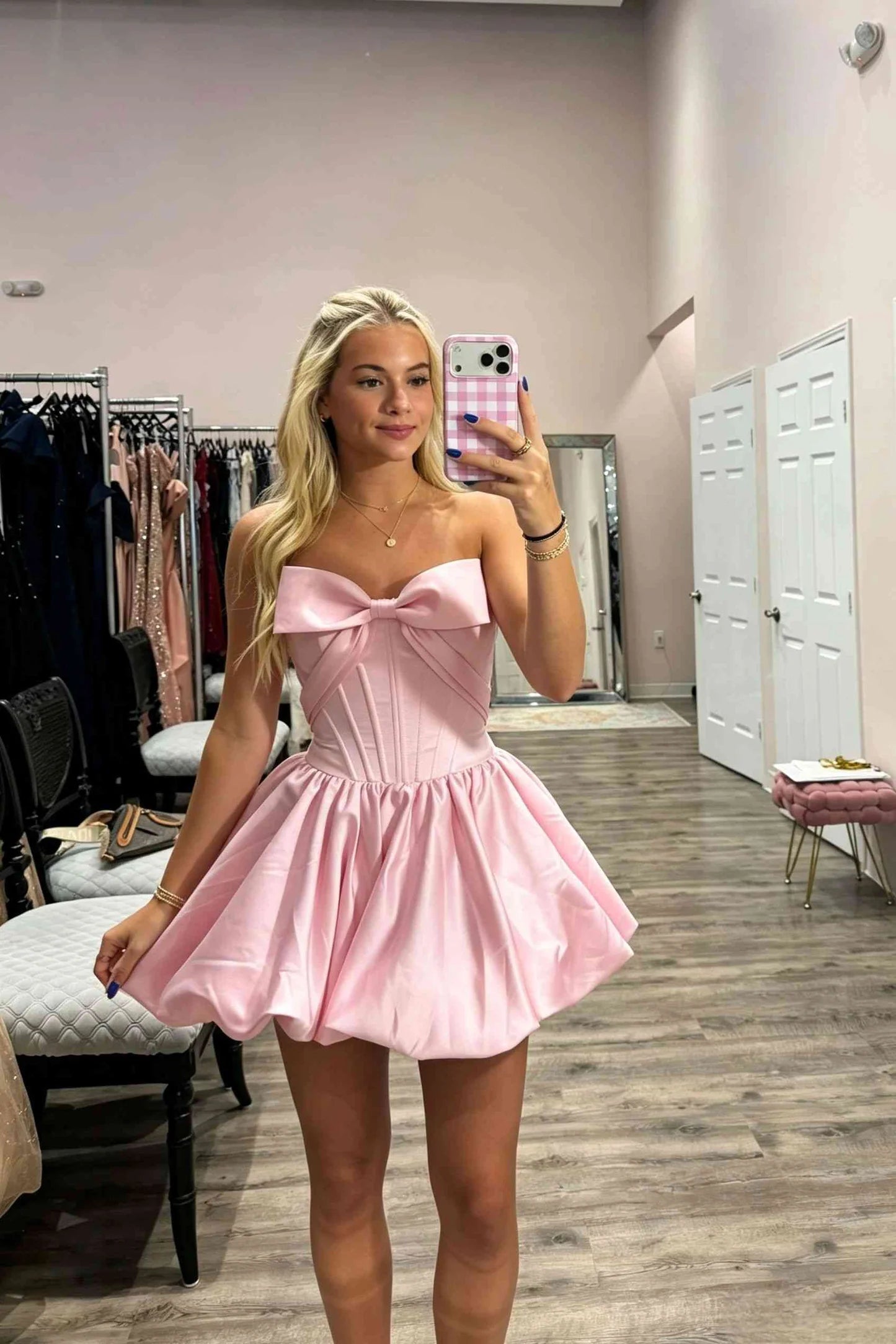 Strapless A Line Pink Satin Homecoming Dress With Bow Knot  J11235