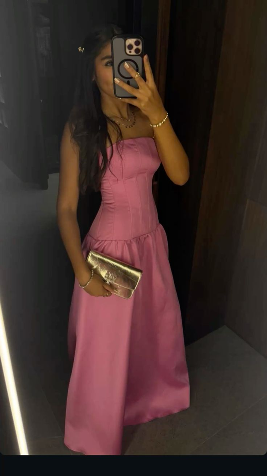 Strapless A Line Pink Satin Prom Dress Formal Wedding Guest Dress  J9964