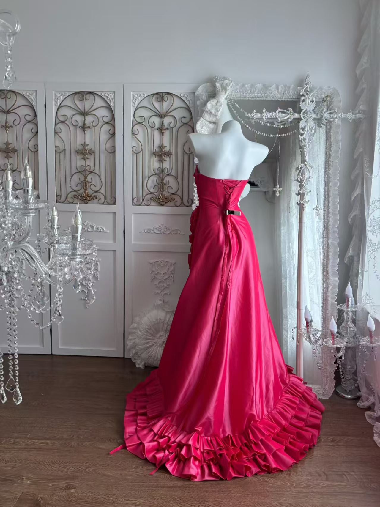 Strapless A Line Pink Satin Prom Dress Ruffled Evening Gown J10870