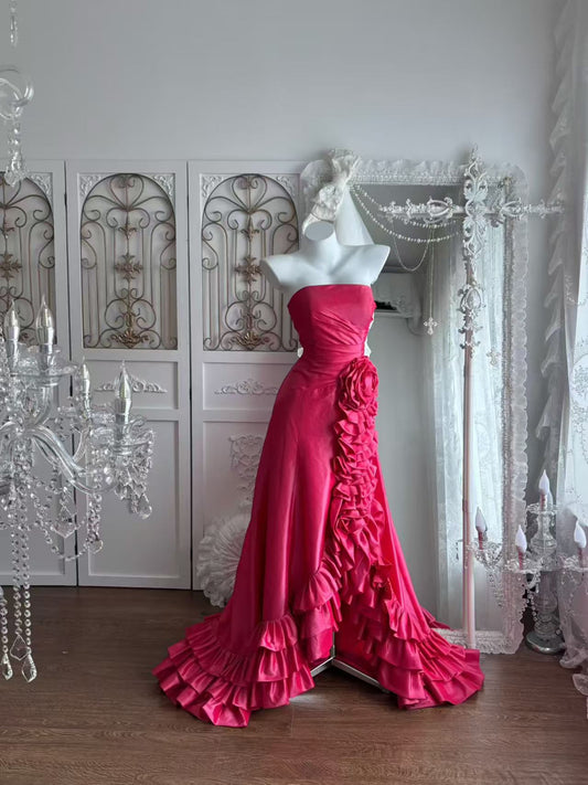 Robe de bal bustier violette en satin avec appliques, robe de soirée formelle J9413