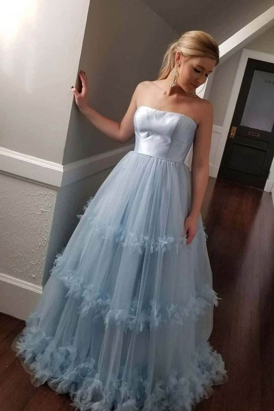 Strapless A Line Prom Dress Blue Formal Wedding Guest Dress J10949