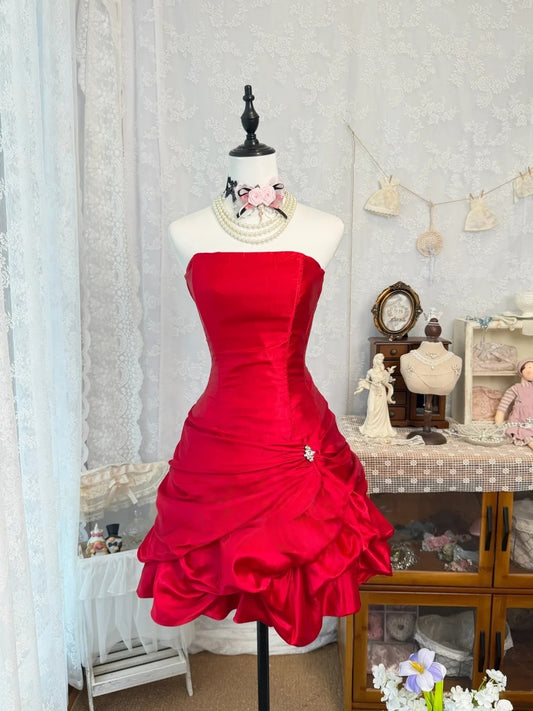 Strapless A Line Red Satin Homecoming Dress Short Birthday Dress  J10326