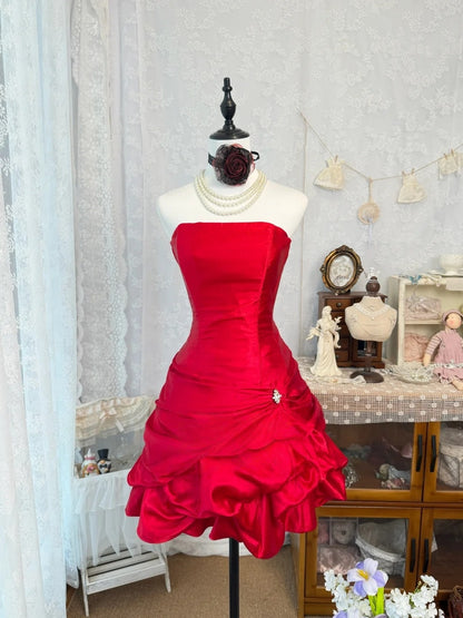 Strapless A Line Red Satin Homecoming Dress Short Birthday Dress  J10326