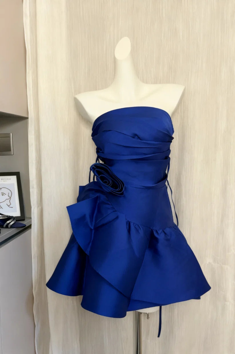 Trägerloses silbernes Vintage-Abendkleid, A-Linie, Geburtstagskleid J9370
