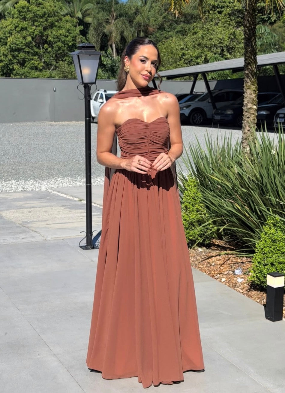 Strapless A Line Rust Chiffon Wedding Guest Dress J10093