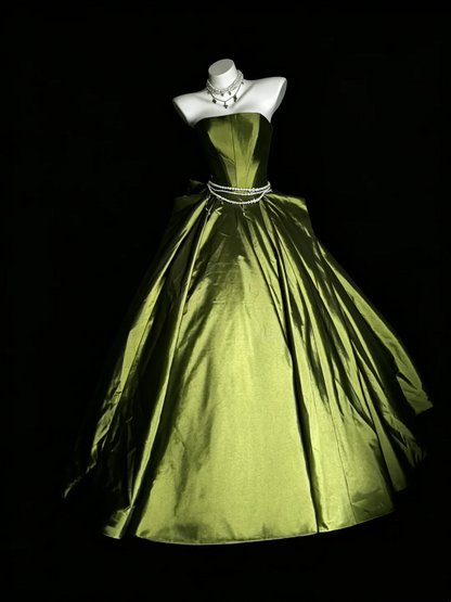Strapless A Line Satin Green Formal Prom Dress Birthday Gown  J10122