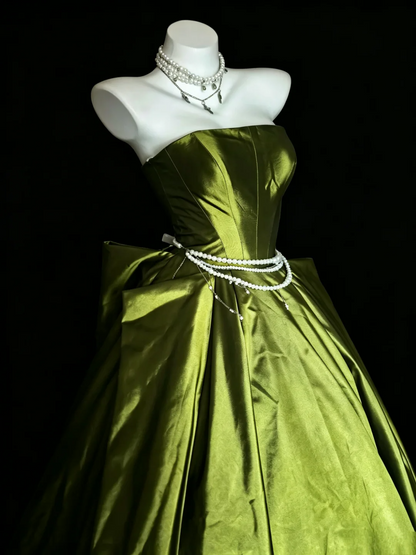 Strapless A Line Satin Green Formal Prom Dress Birthday Gown  J10122