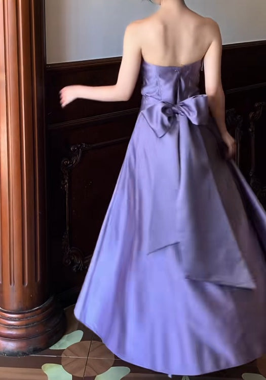 Strapless A Line Satin Lilac Prom Dress With Bow  J9685