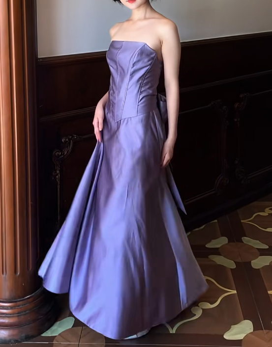 Strapless A Line Satin Lilac Prom Dress With Bow  J9685