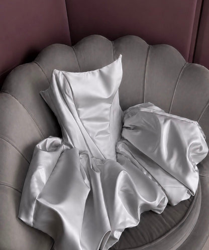 Trägerloses silbernes Vintage-Abendkleid, A-Linie, Geburtstagskleid J9370