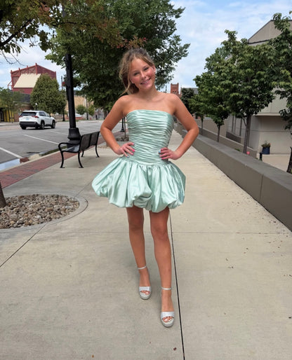 Trägerloses silbernes Vintage-Abendkleid, A-Linie, Geburtstagskleid J9370