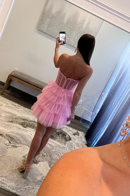 Strapless A Line Tulle Homecoming Dress Layered Party Gown  J11594