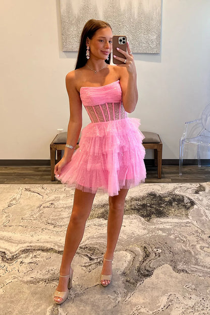 Strapless A Line Tulle Homecoming Dress Layered Party Gown  J11594