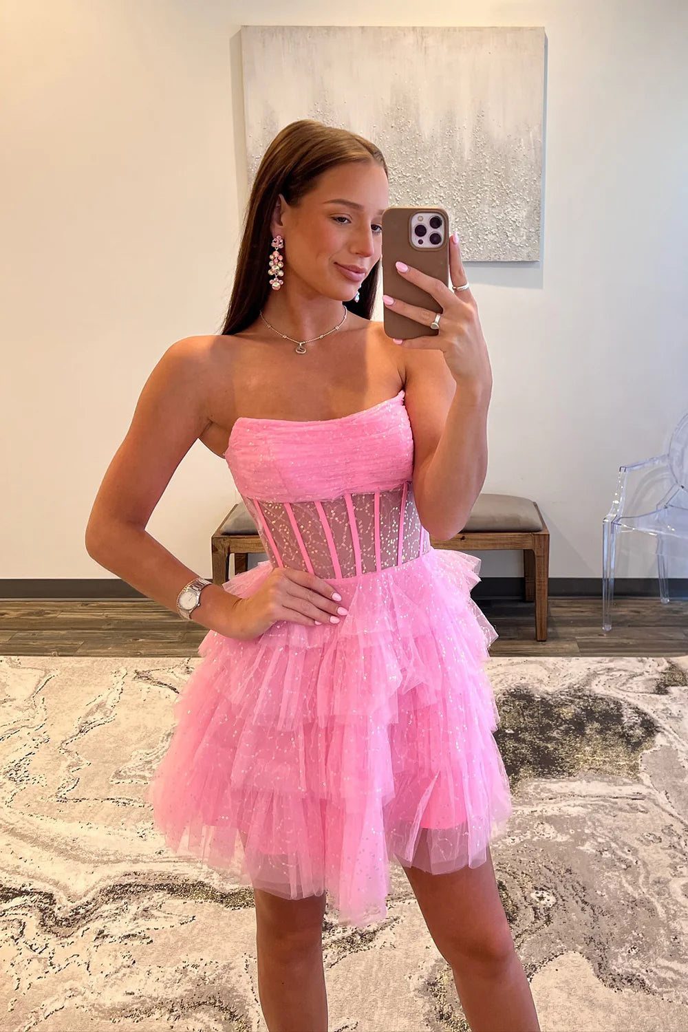 Strapless A Line Tulle Homecoming Dress Layered Party Gown  J11594