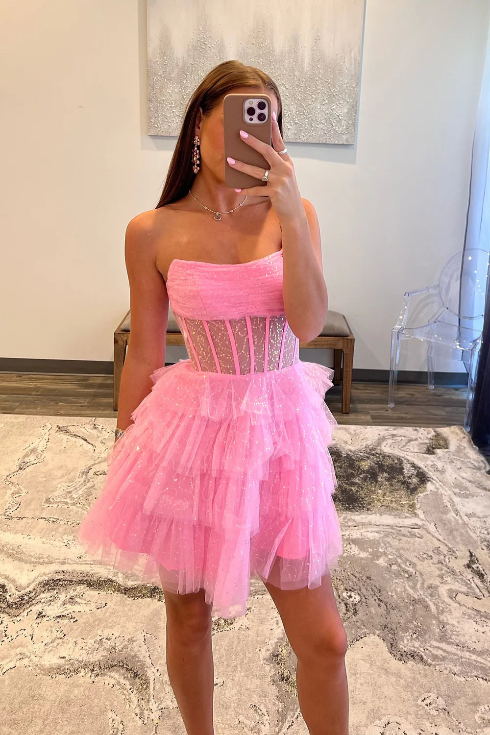 Strapless A Line Tulle Homecoming Dress Layered Party Gown  J11594