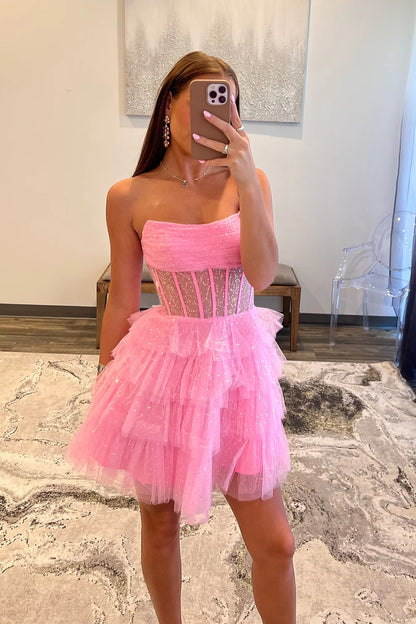 Strapless A Line Tulle Homecoming Dress Layered Party Gown  J11594