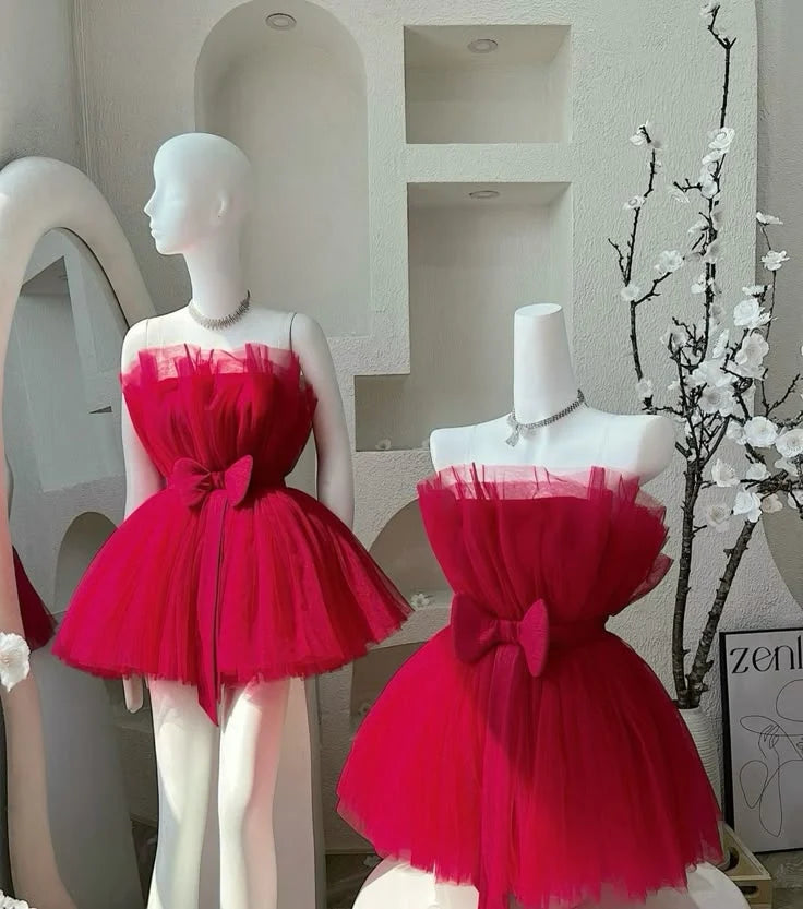 Strapless A Line Tulle Homecoming Dress With Bow Knot  J11569