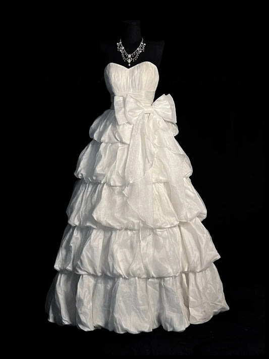 Strapless A Line White Wedding Dress With Bow Cute Birthday Dress  J10414