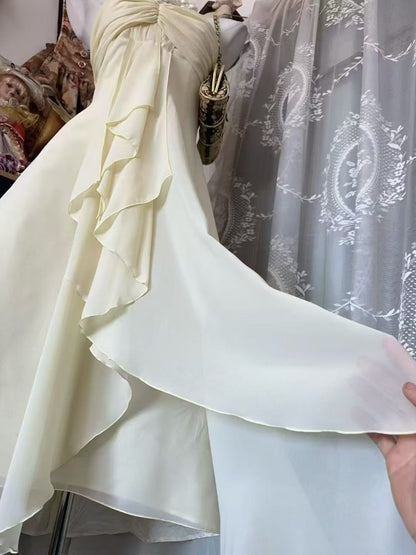 Trägerloses silbernes Vintage-Abendkleid, A-Linie, Geburtstagskleid J9370
