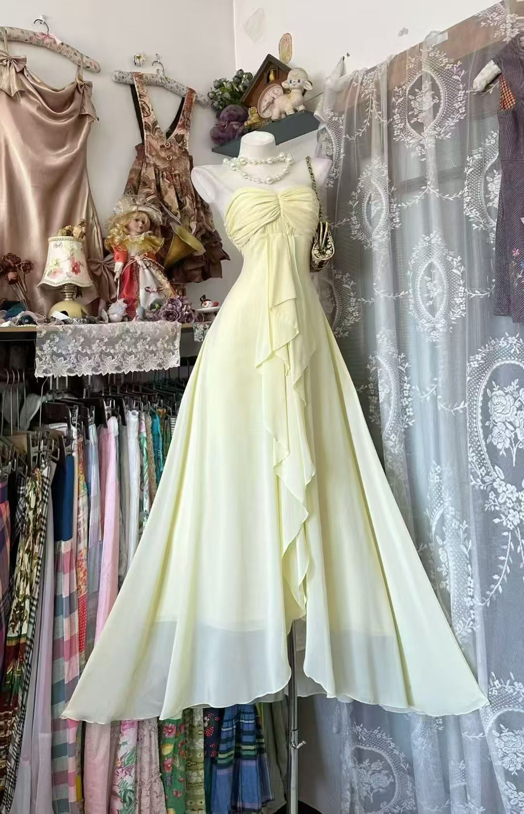 Trägerloses silbernes Vintage-Abendkleid, A-Linie, Geburtstagskleid J9370