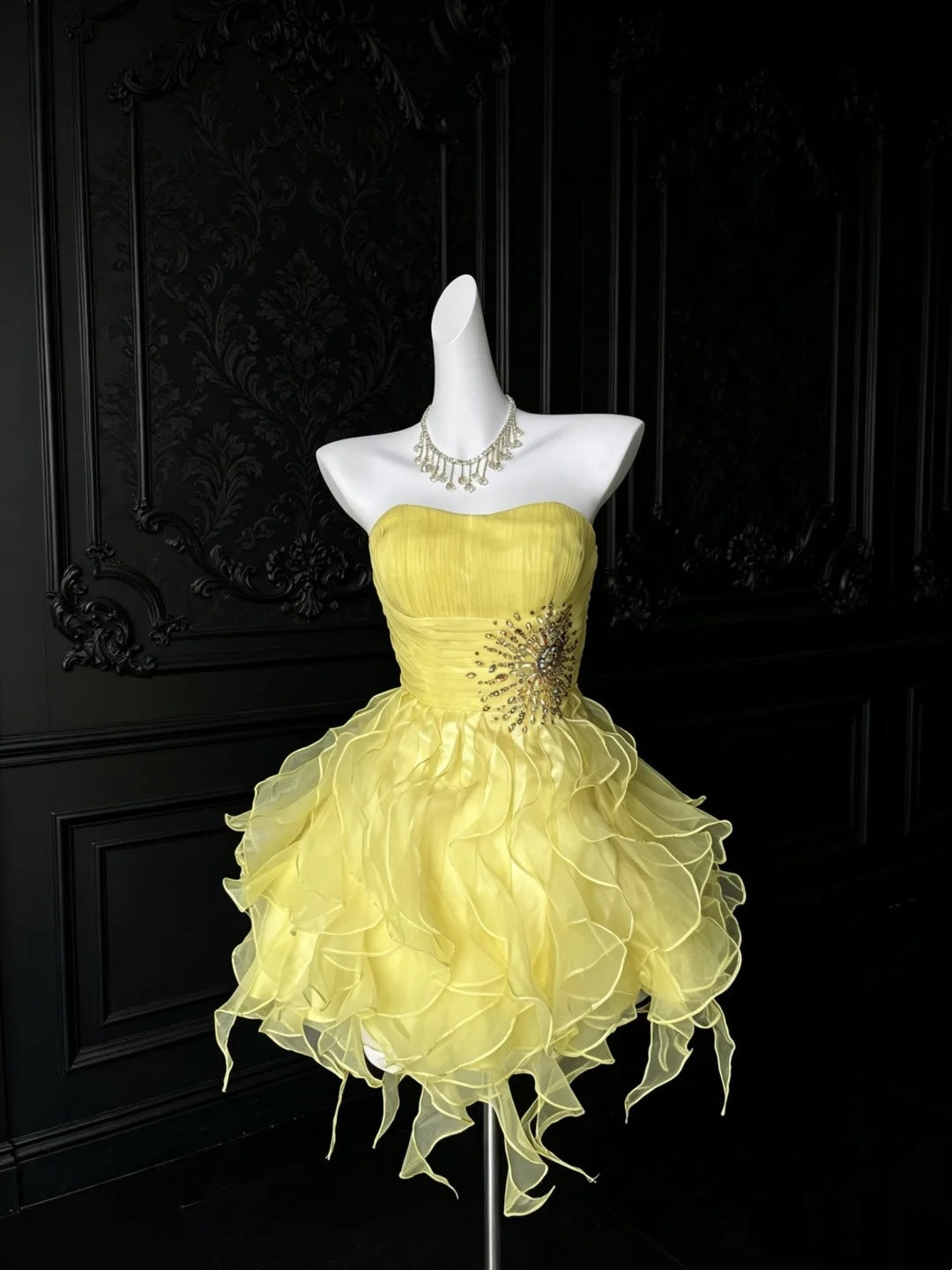 Trägerloses silbernes Vintage-Abendkleid, A-Linie, Geburtstagskleid J9370