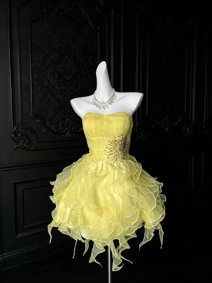 Trägerloses silbernes Vintage-Abendkleid, A-Linie, Geburtstagskleid J9370
