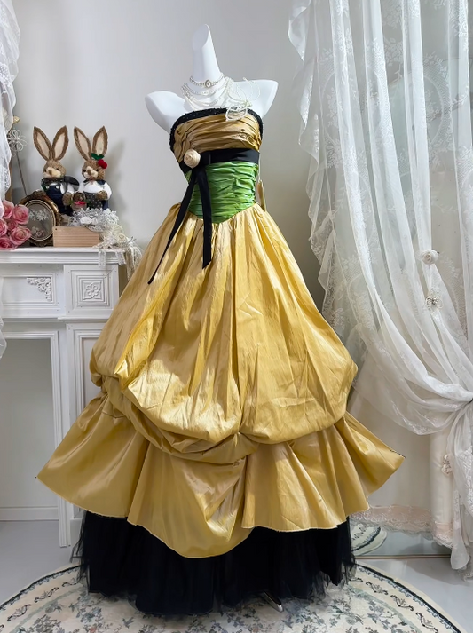 Strapless A Line Yellow Satin Princess Prom Dress Birthday Dress  J11174