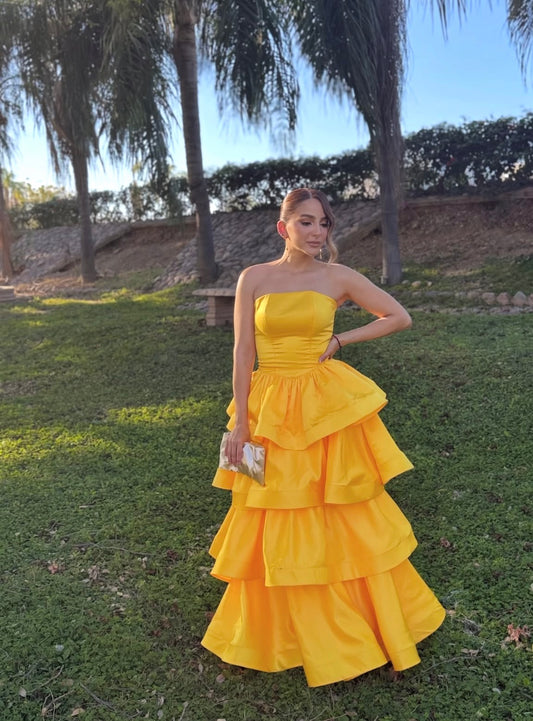 Strapless A Line Yellow Satin Wedding Guest Dress Layered Prom Dress J9943