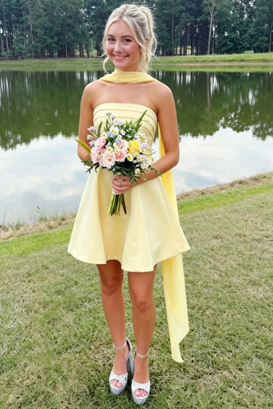 Trägerloses silbernes Vintage-Abendkleid, A-Linie, Geburtstagskleid J9370