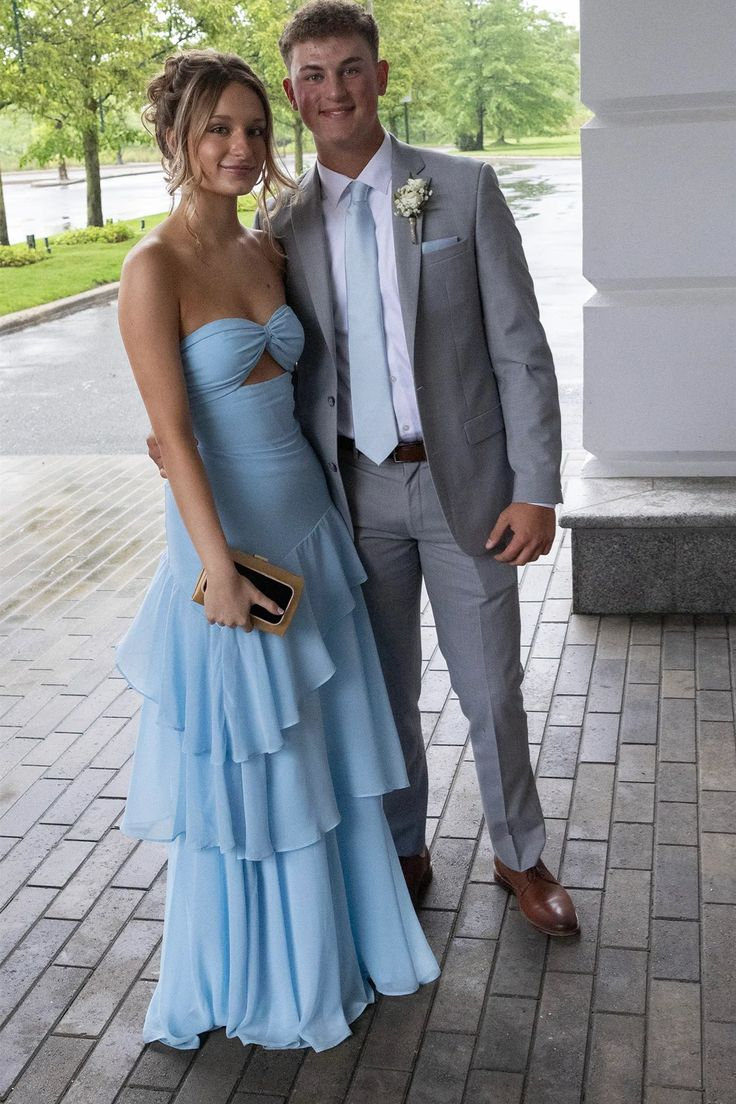 Strapless Baby Blue Chiffon Prom Dress Ruffled Wedding Guest Dress J9887