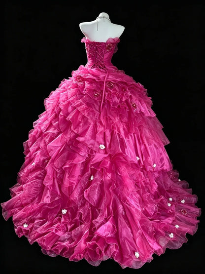 Strapless Ball Gown Pink Quinceanera Dresses Ruffled Sweet 15 Dress  J11881