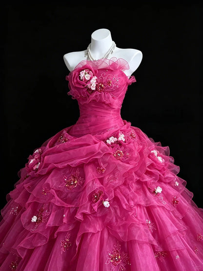 Strapless Ball Gown Pink Quinceanera Dresses Ruffled Sweet 15 Dress  J11881