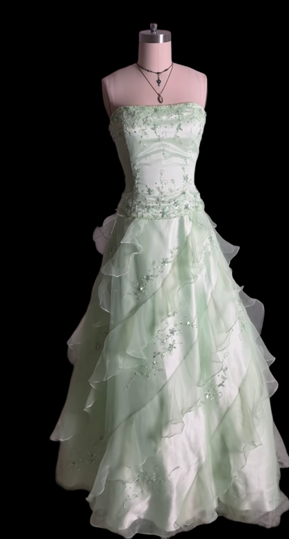 Strapless Beaded Retro Prom Dress Ruffled Evening Gown  J12142