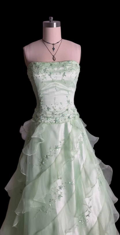 Strapless Beaded Retro Prom Dress Ruffled Evening Gown  J12142