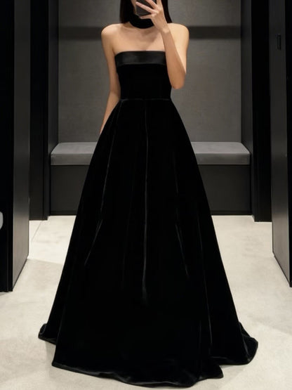 Strapless Black A  Line Velvet Prom Dress Formal Evening Dress J9690