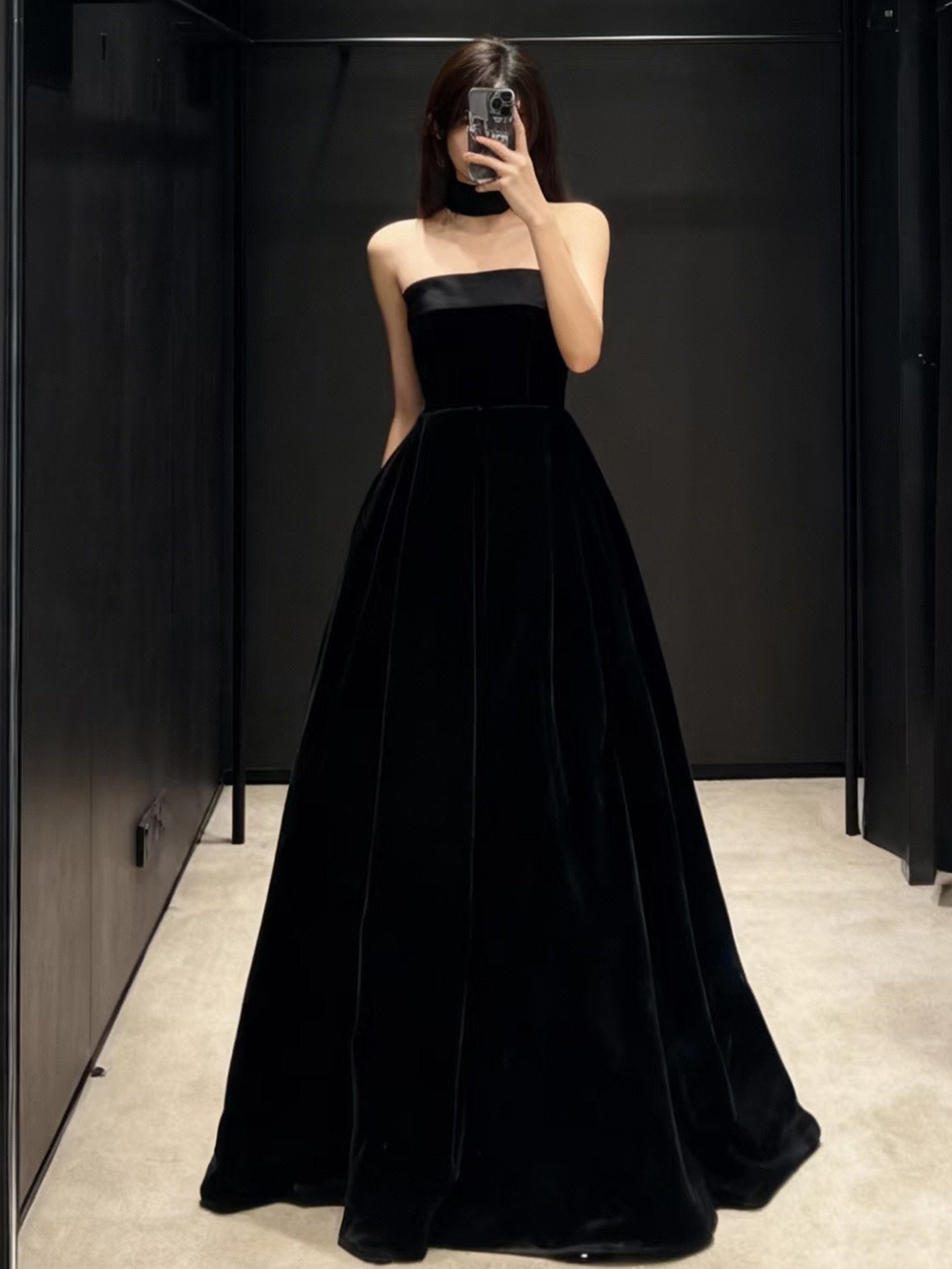 Strapless Black A  Line Velvet Prom Dress Formal Evening Dress J9690