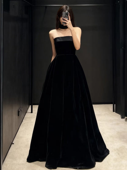Strapless Black A  Line Velvet Prom Dress Formal Evening Dress J9690