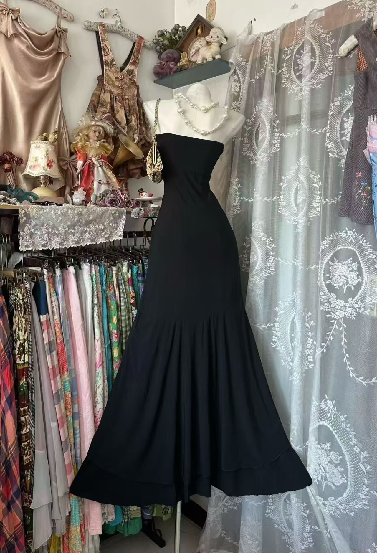 Strapless Black Mermaid Formal Prom Dress Ruffled Evening Dress J10081