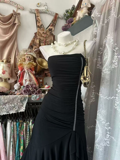 Strapless Black Mermaid Formal Prom Dress Ruffled Evening Dress J10081