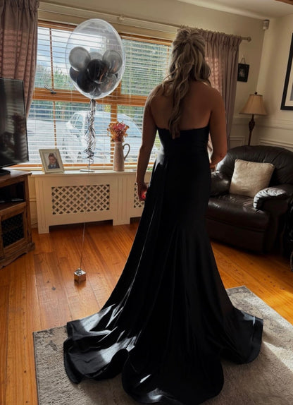 Strapless Black Satin Formal Prom Dress A Line Evening Gown  J12226
