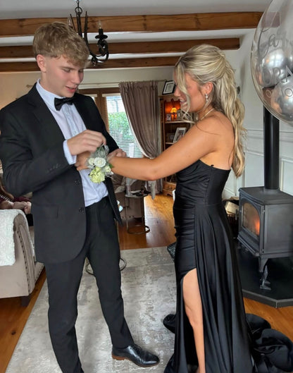 Strapless Black Satin Formal Prom Dress A Line Evening Gown  J12226