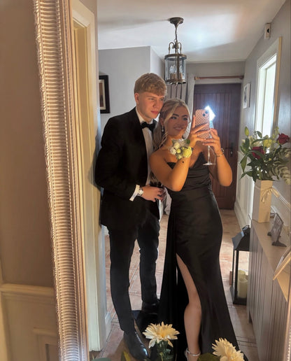 Strapless Black Satin Formal Prom Dress A Line Evening Gown  J12226